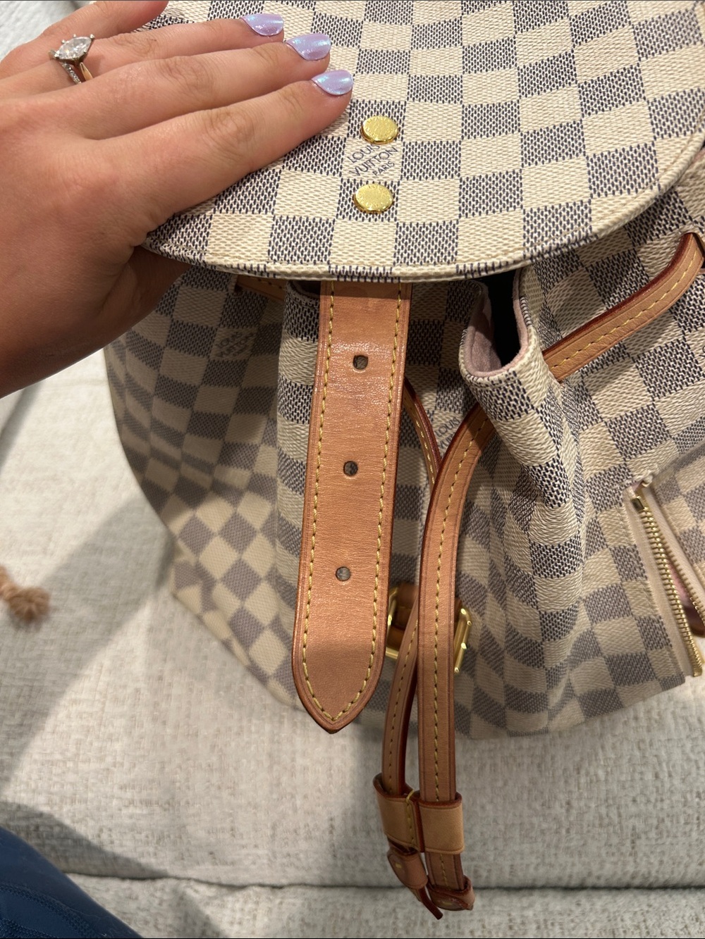 Louis Vuitton Luxury Checkered Drawstring Backpack - Cream/Tan - Picture 4 of 5